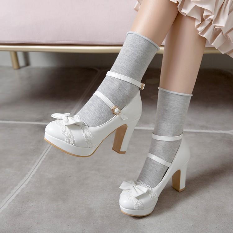 Chunky-heeled Bow Lace All-match Shoes