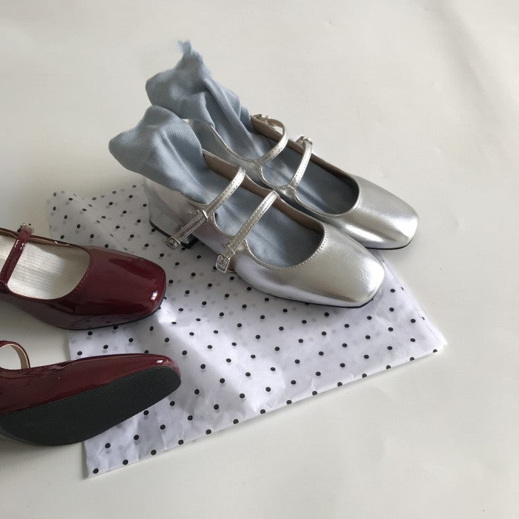 French Retro Square Head Silver Mary Jane Shoes