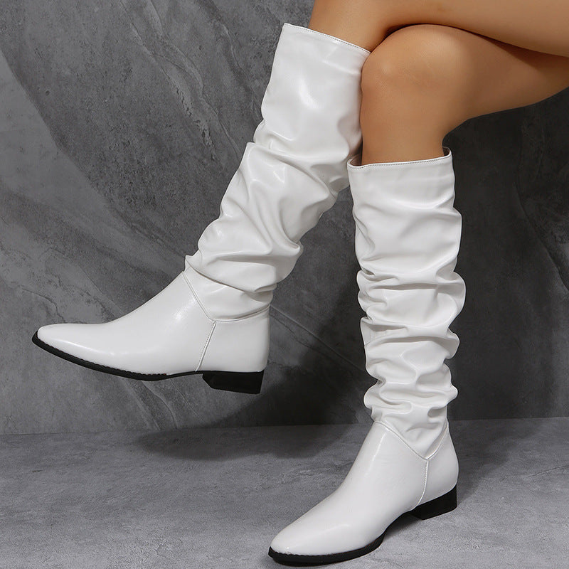 Botas largas, botas vaqueras blancas, zapatos de punta puntiaguda para mujer