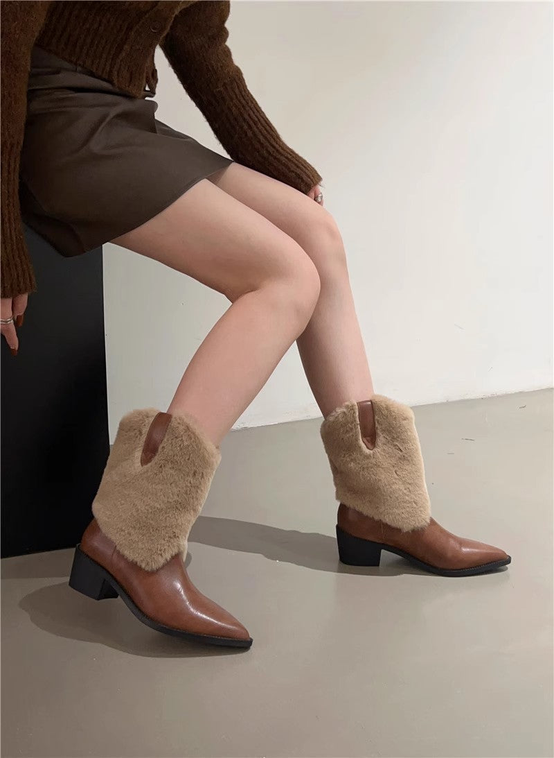 Bottines thermiques en velours pour femmes à bout pointu