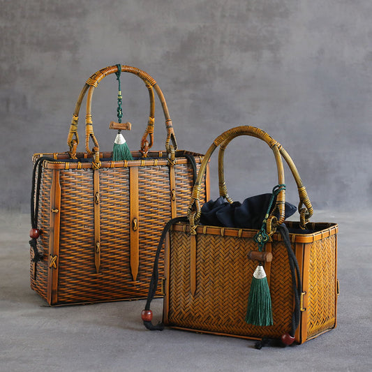 Japanese Style Bamboo Weaving Literary Youth Tea Ceremony Storage Handbag