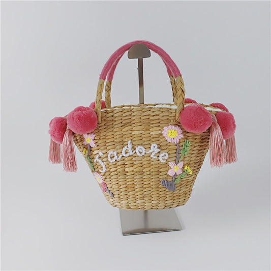 Sac en paille brodé DIY Boule de cheveux Nouvel alphabet Sac pour femme