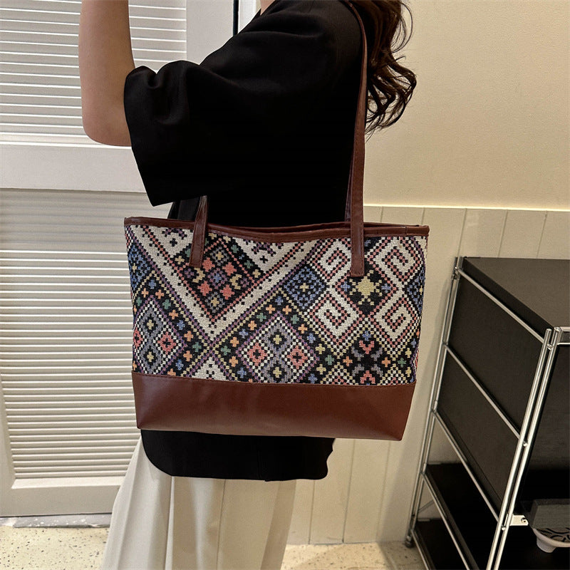 Retro Ethnic Style Casual Contrast Color Shoulder Large Capacity Presbyopic Tote Bag