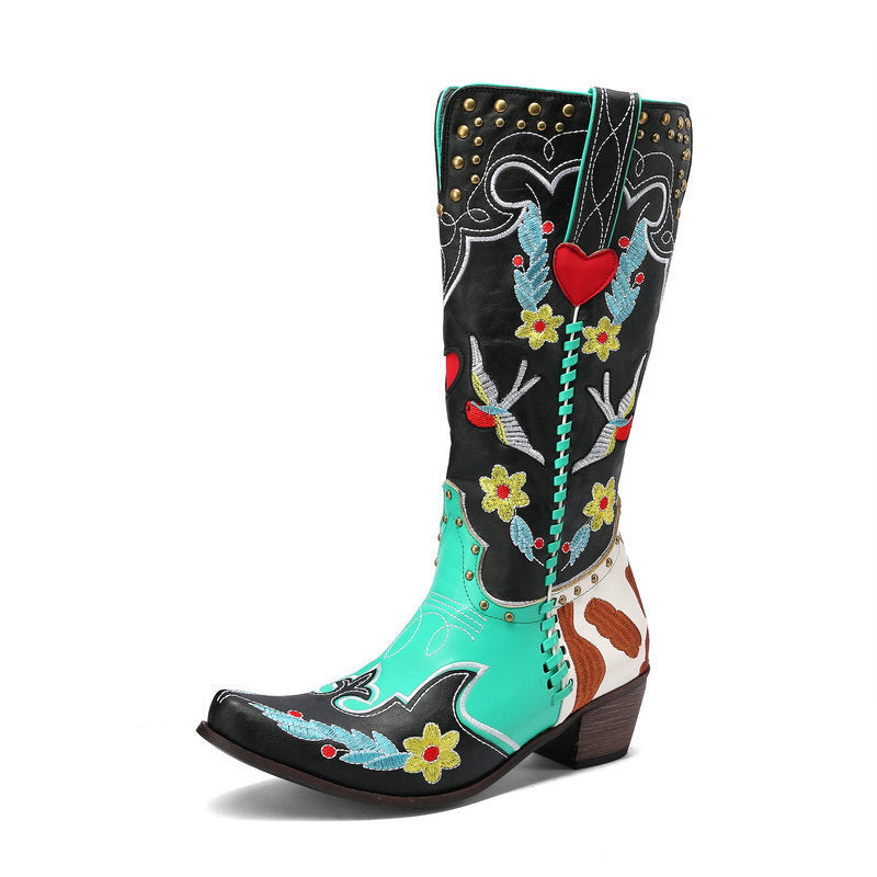 Denim Western Shoes Women's Leather Boots Exquisite Embroidery