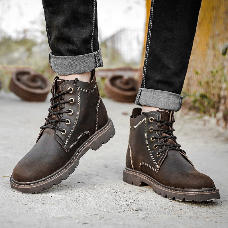 Botas de cuero vintage para hombre, zapatos de trabajo de caña alta