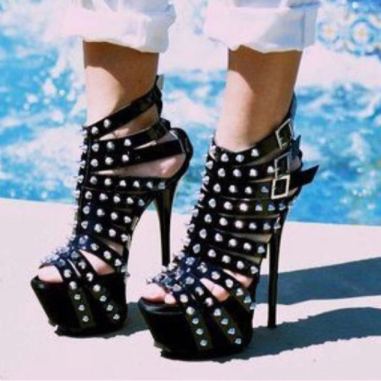 Riveted Hollow Super-high Heel Stiletto Water Platform Sandals