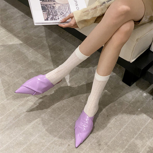 Fashion Korean Style Pointed-toe Flat Heel Casual Cross Back Empty Slippers Toe Cap