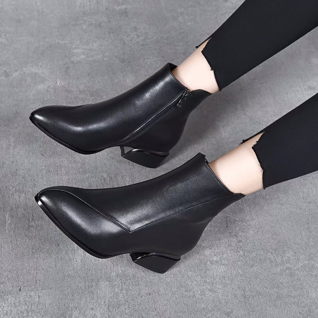 Bottines à talon épais et bout pointu en cuir de vache pour femmes