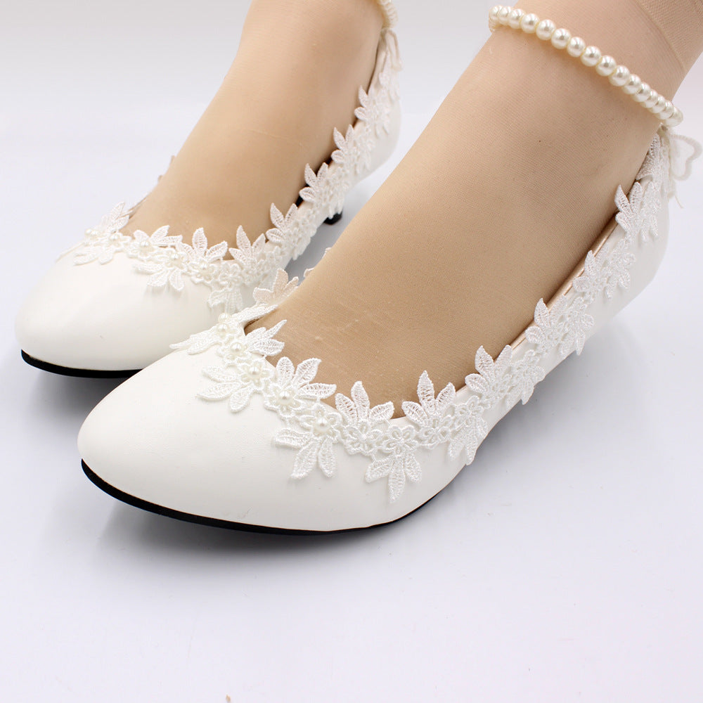 Women's Low Heel Simple White Wedding Shoes