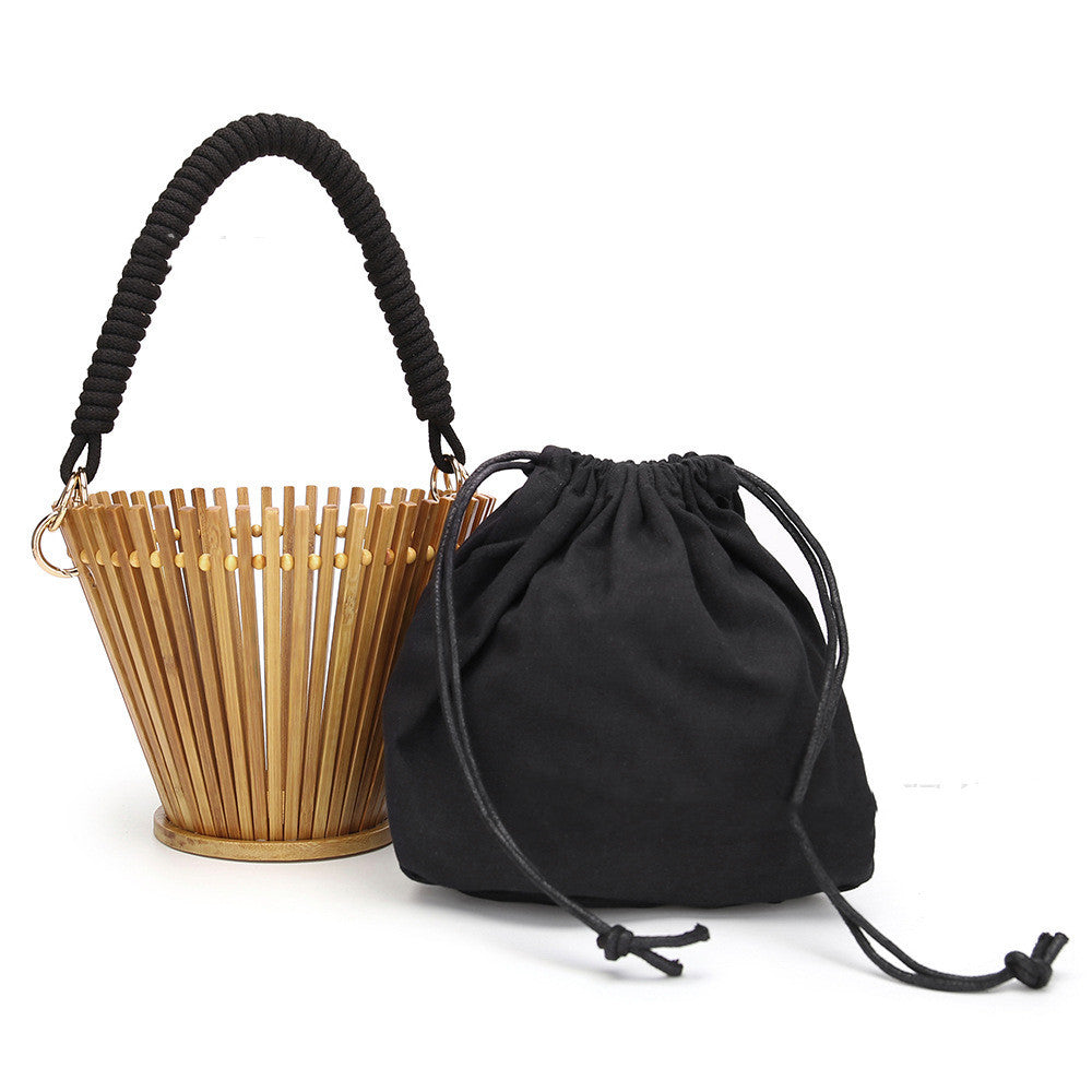 Round Bamboo Woven Handbag Portable Bamboo Rattan Bag