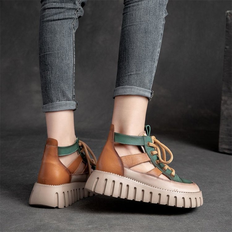 Sandalias gruesas de moda casual con cordones retro para mujer