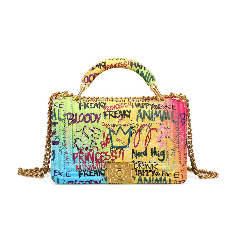 Bolso de mujer Bolso de moda Bolso de cadena romboidal Bolso de grafiti de colores