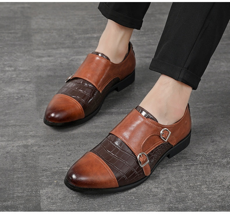 Men's Double Button Large Crocodile Patterned Leather Shoes