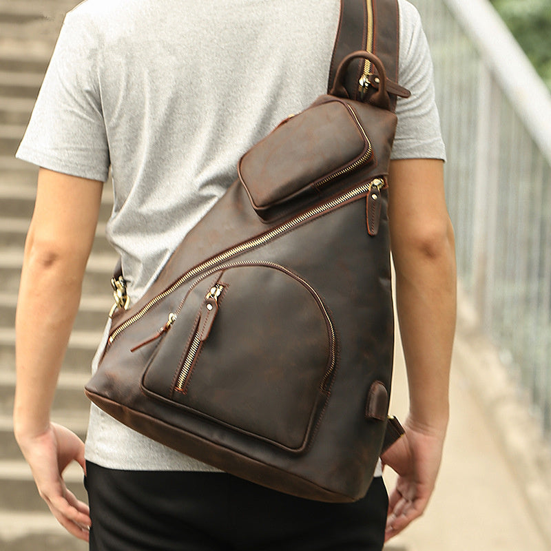 Sac de poitrine multifonctionnel de grande capacité en cuir véritable pour hommes