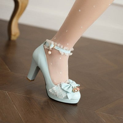 Girl Student Leather Shoes High Heels Thick Heel Single Shoes Bow Dress Female