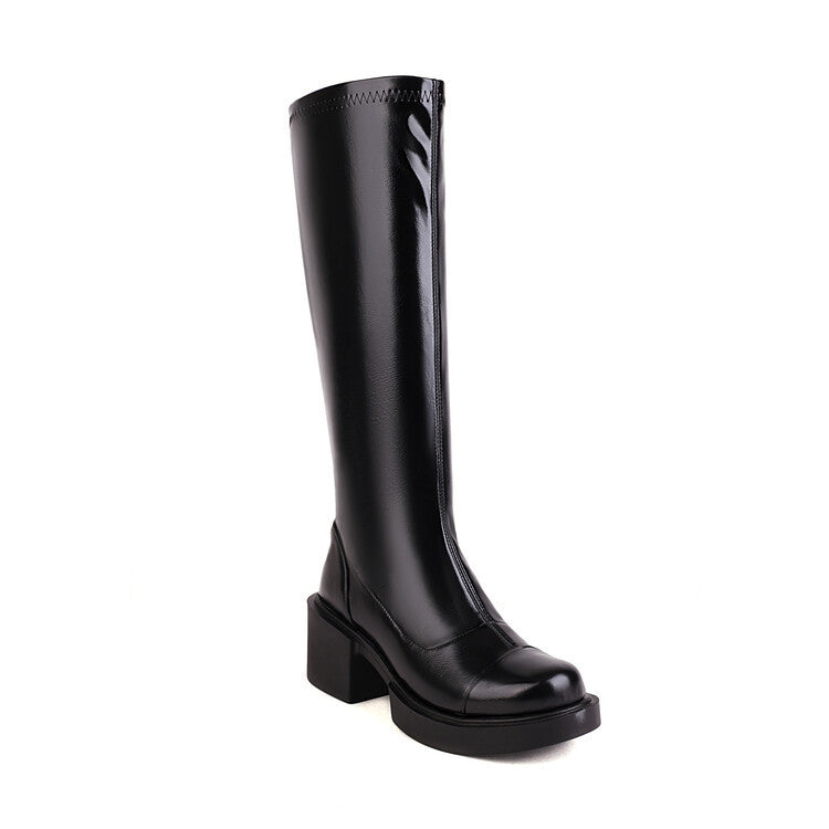 Round-toed Black Waterproof Platform Boots With Thick Heels Falling Below The Knee