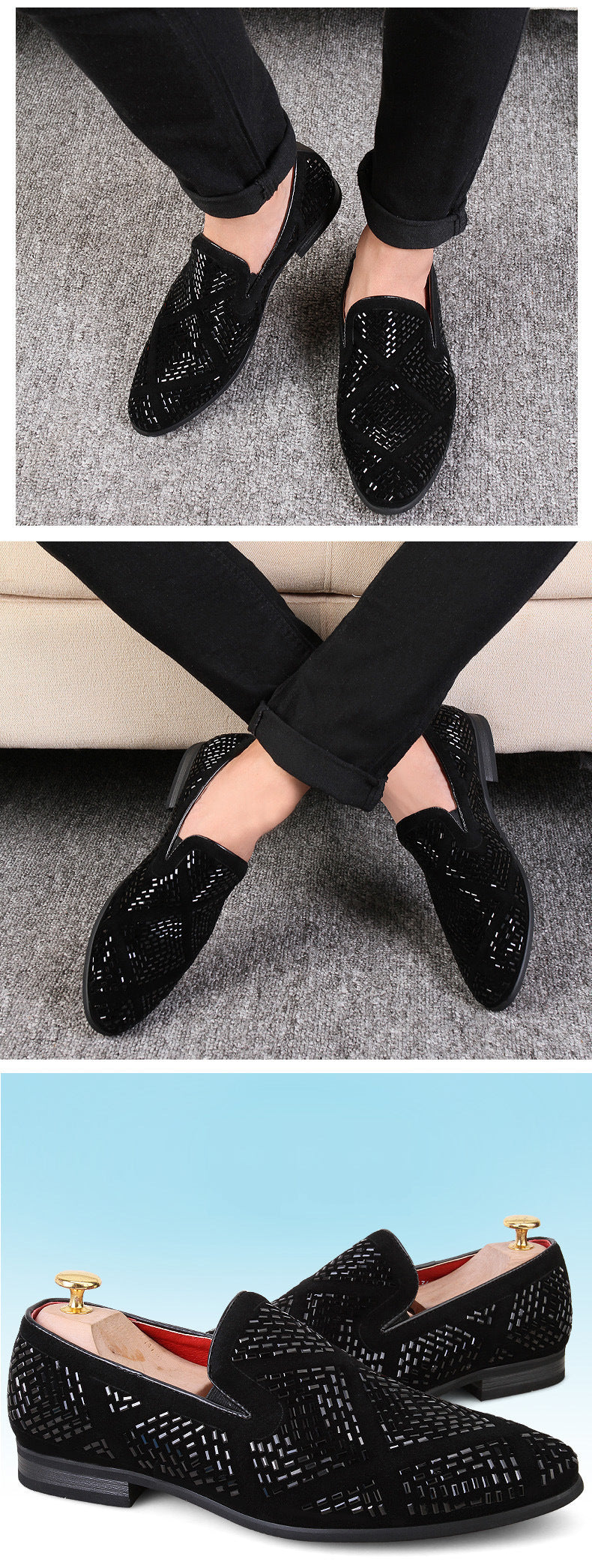 Men's Casual Pointed Toe Black Paillette Fashion Leather Shoes