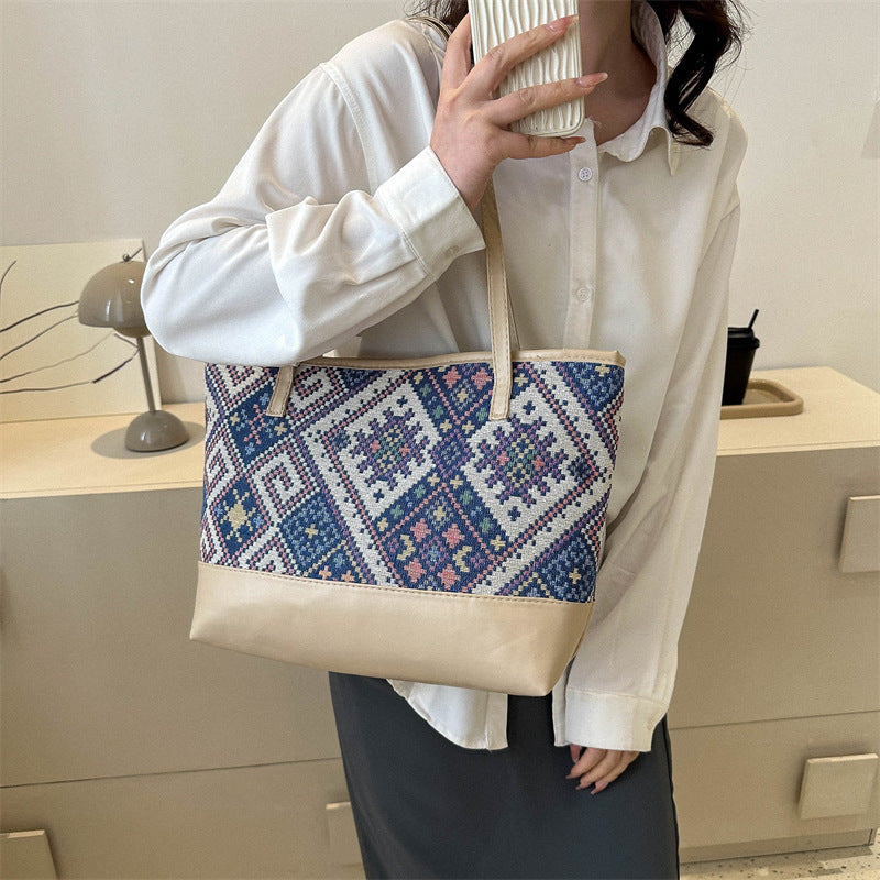 Retro Ethnic Style Casual Contrast Color Shoulder Large Capacity Presbyopic Tote Bag