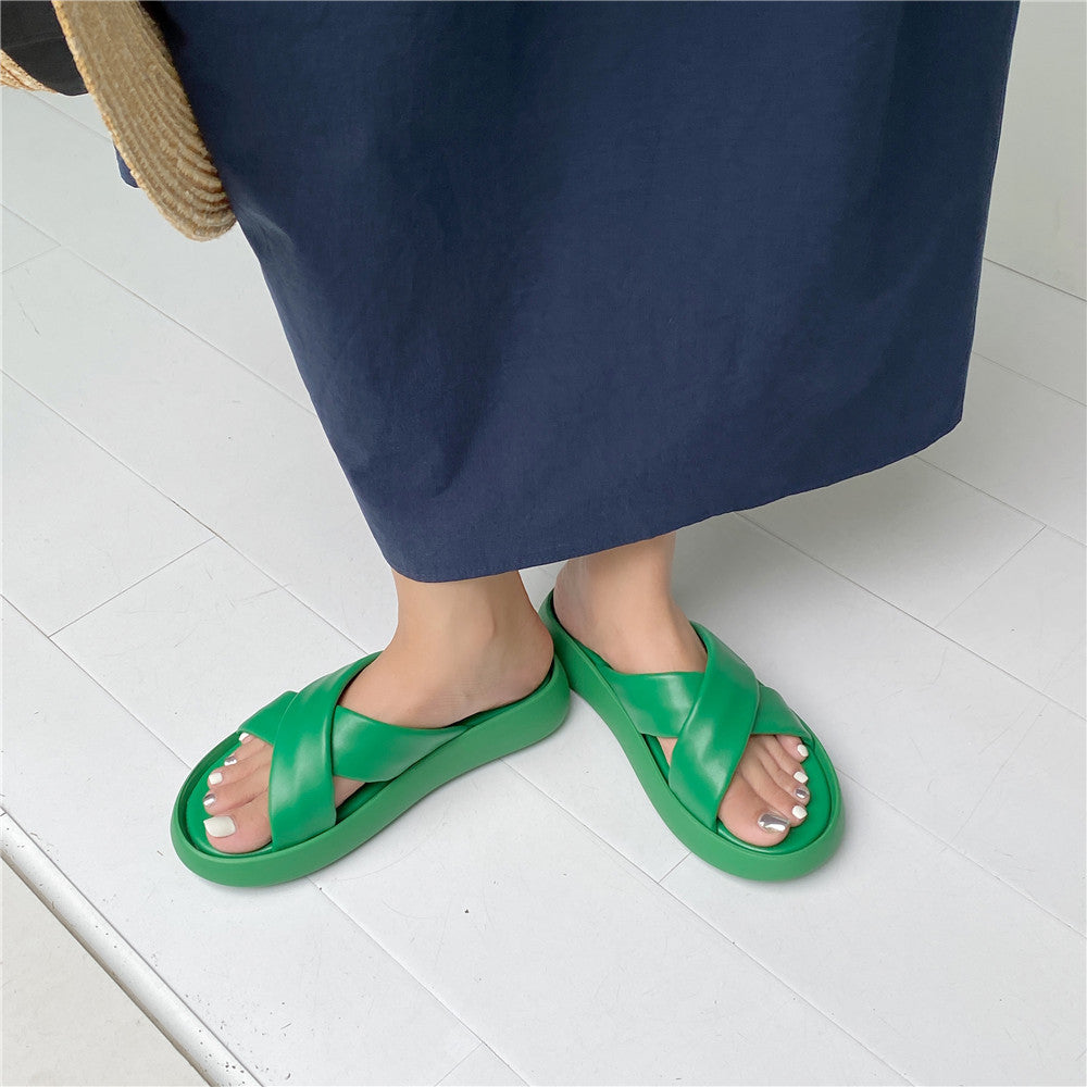 Korean Version Cross Strap Half Slippers Women's Flat Bottom Fairy Beach