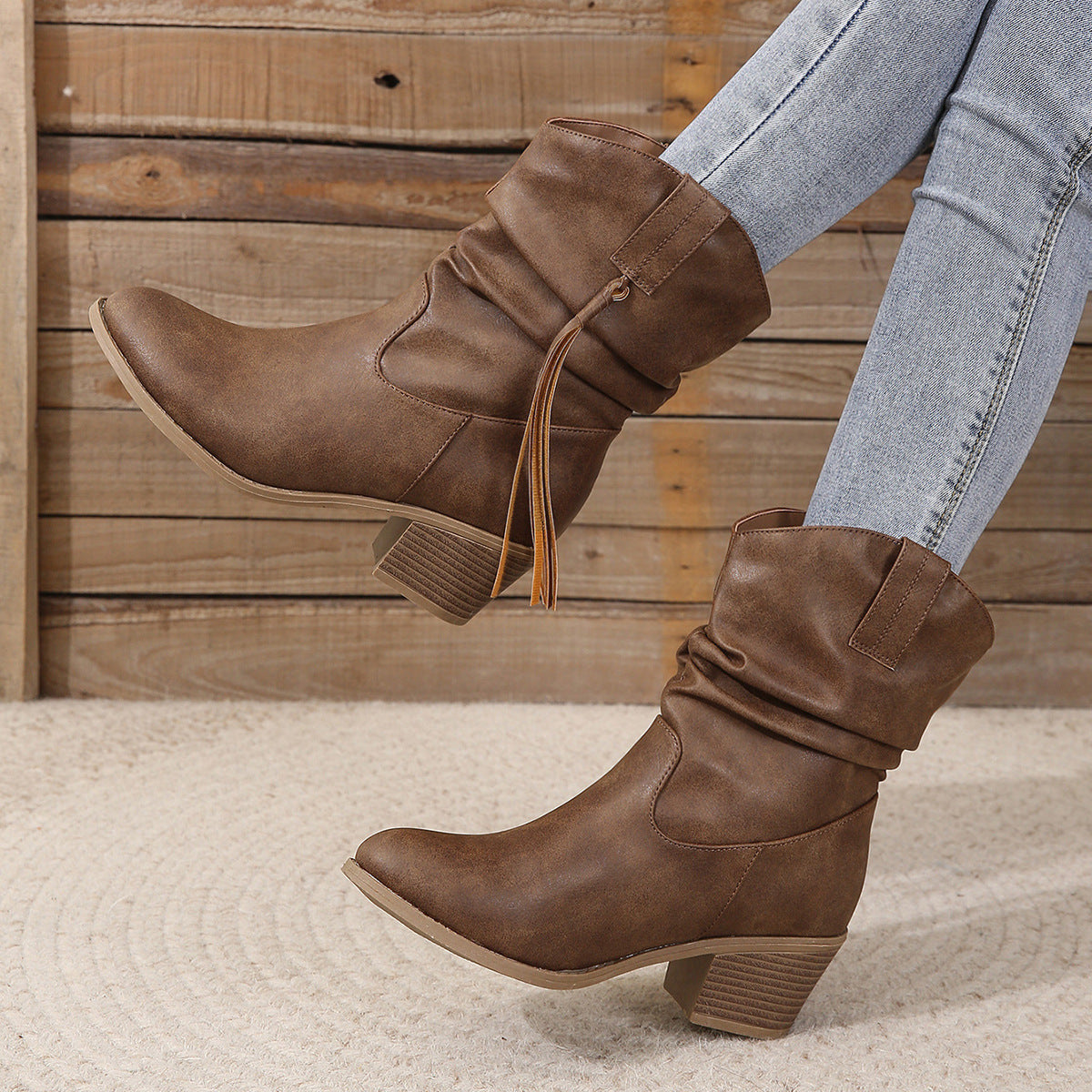 Botas de borlas retro de invierno con tacón cuadrado grueso hasta la mitad de la pantorrilla, botas de caballero estilo western, zapatos de moda para mujer