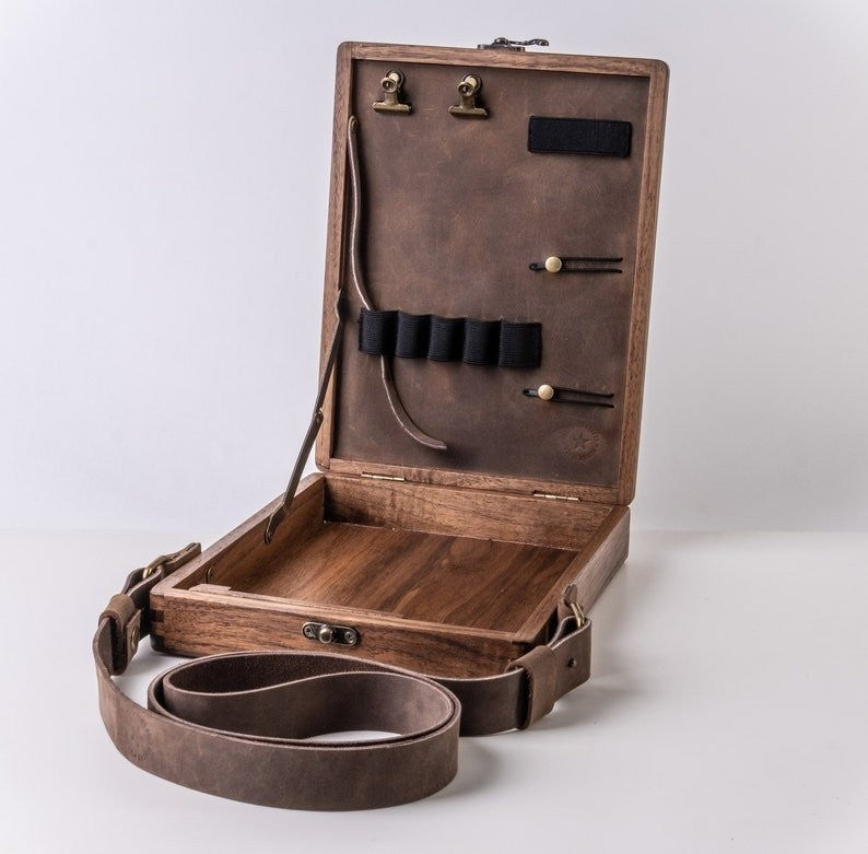 Boîte en bois pour messager d'écrivain, boîte de rangement multifonction pour outils et pinceaux d'artiste, sac à bandoulière portable rétro en bois fait à la main