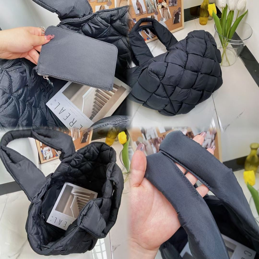 Nuevo bolso femenino de costura tejida con relleno de plumón para otoño e invierno