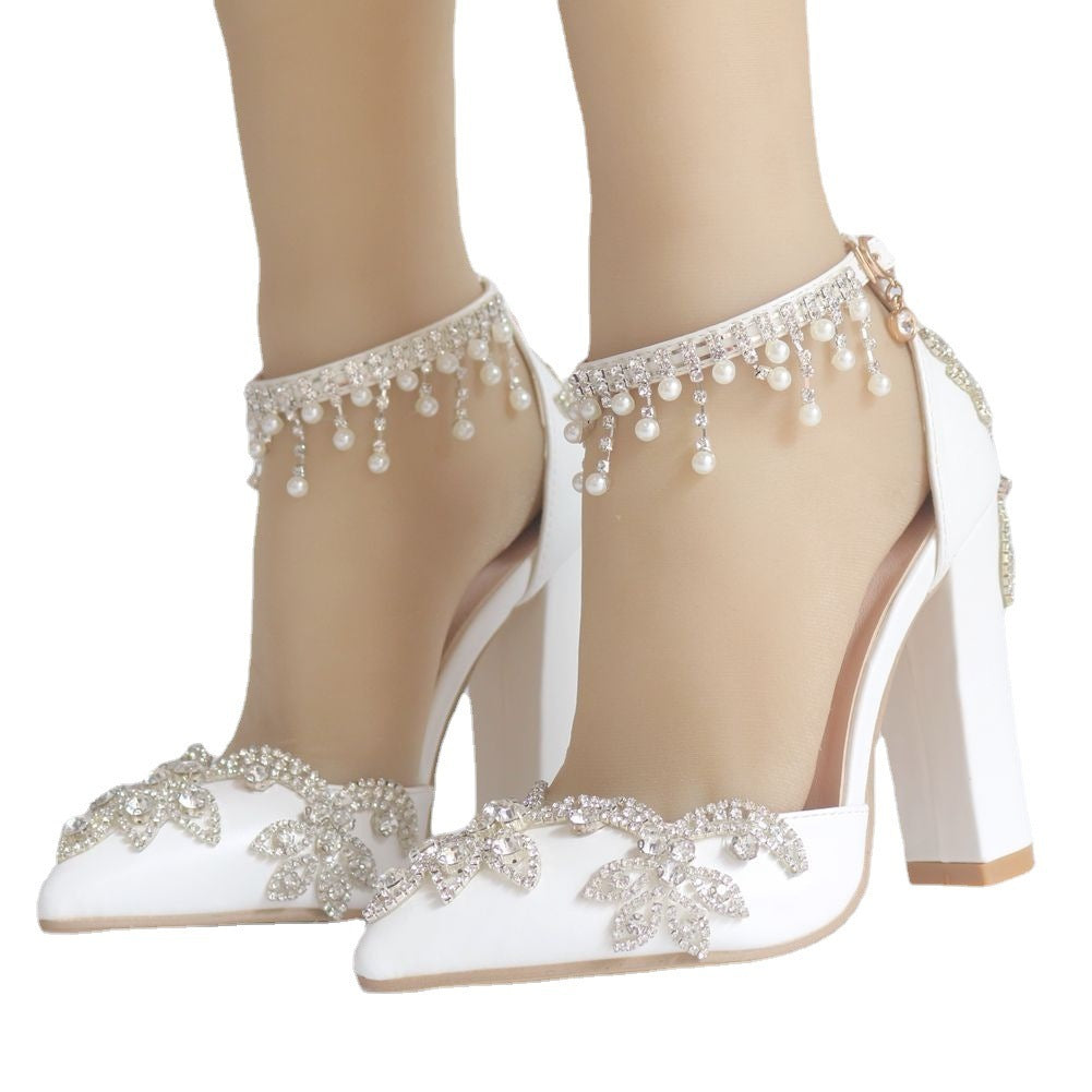 White Pointed Crystal Wedding Shoes Chunky Heel