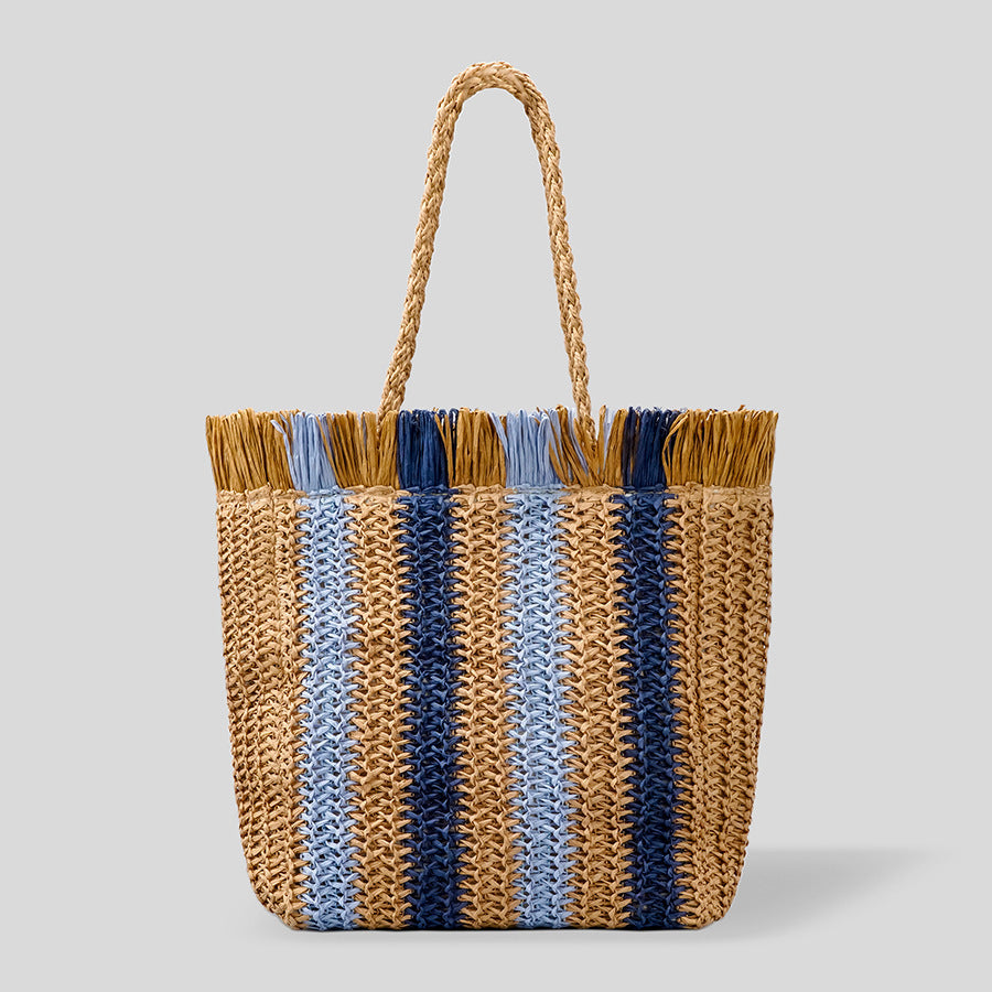 Handmade Straw Casual Commuter Tote Striped Fringe Shoulder Bag