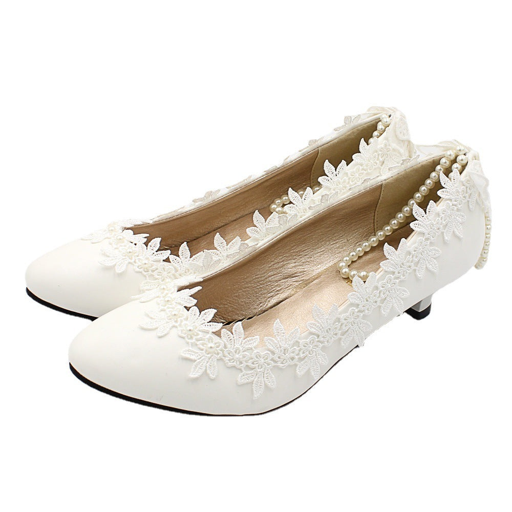 Women's Low Heel Simple White Wedding Shoes