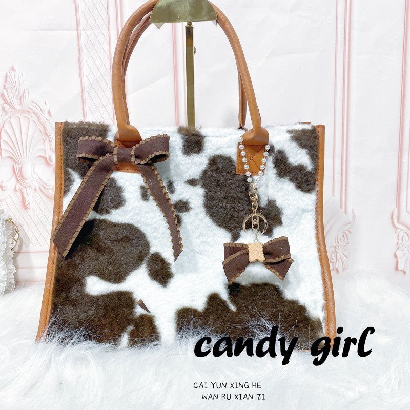 Bolso de hombro dulce y lindo con lazo de peluche con estampado de vaca para mujer