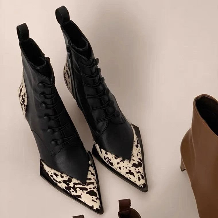 Pointy Toe Chunky Heel Ankle Boots Leopard Print Colorblock