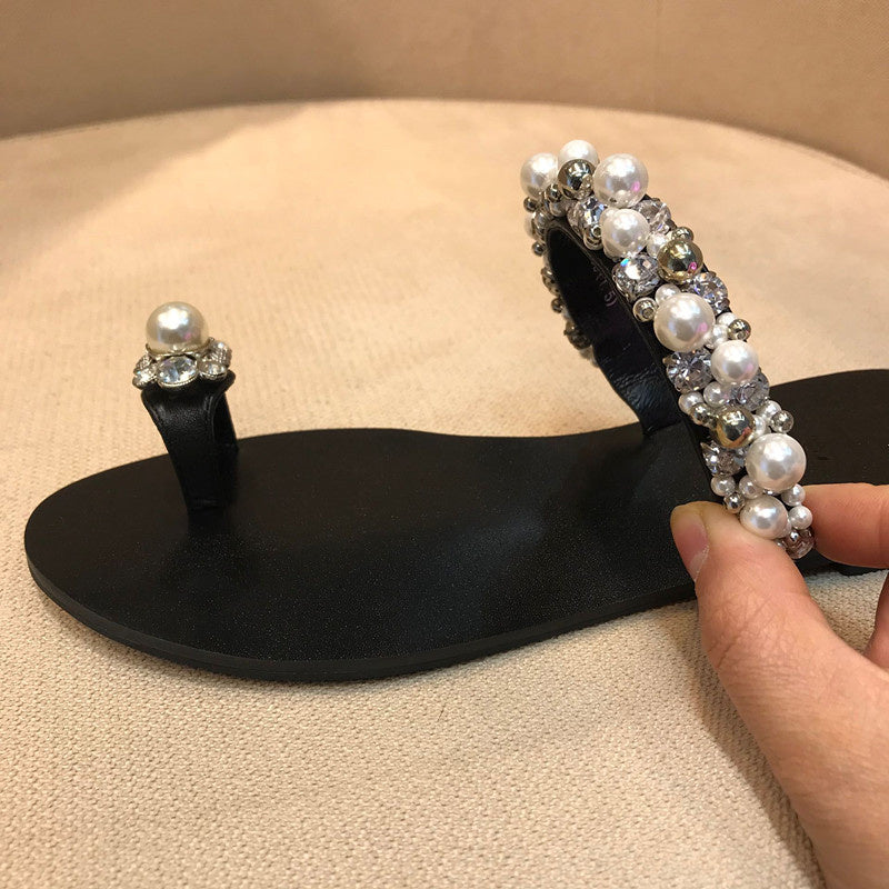 Sandalias planas con punta abatible para mujer con tiras de perlas y diamantes de imitación para exteriores