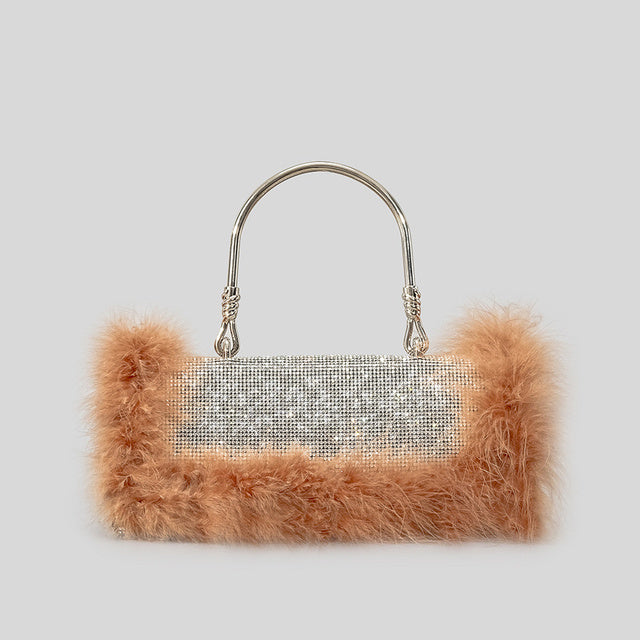 Sac à bandoulière en poils d'autruche Rhinocaster pour femme en poils de vison incrustés de diamants