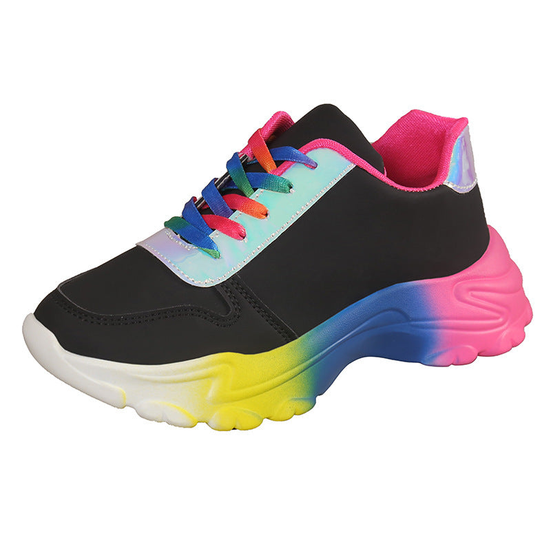 Chaussures de sport de couleur arc-en-ciel de style INS pour femmes, baskets à lacets à semelle épaisse, chaussures de course légères et décontractées à la mode