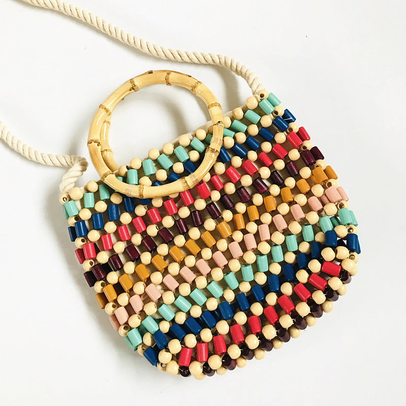 Bolso de hombro trenzado con perlas hecho a mano para mujer