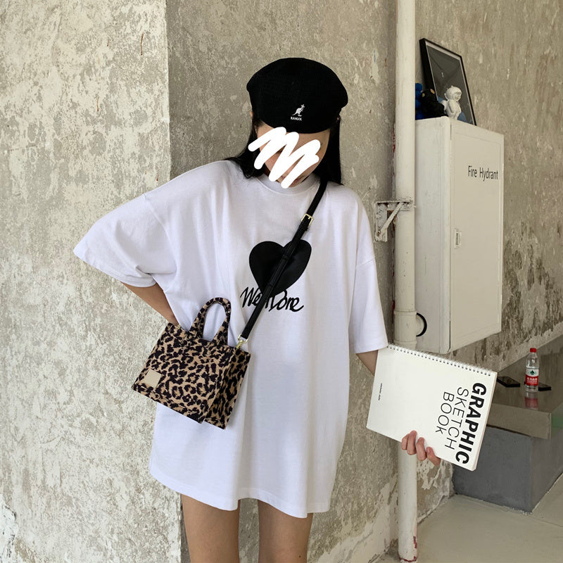 Leopard Print Tote Bag Canvas Wide Shoulder Strap Handy Shoulder Bag