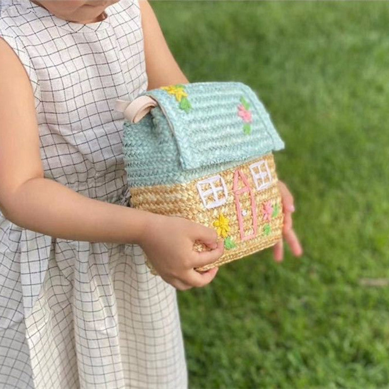 Bolsa de paja para niños Linda casita bordada