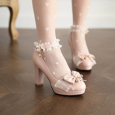 Girl Student Leather Shoes High Heels Thick Heel Single Shoes Bow Dress Female