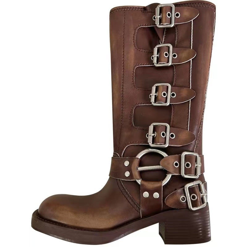 Female Genuine Leather Retro Metal Leather Ring Knee-high Boots