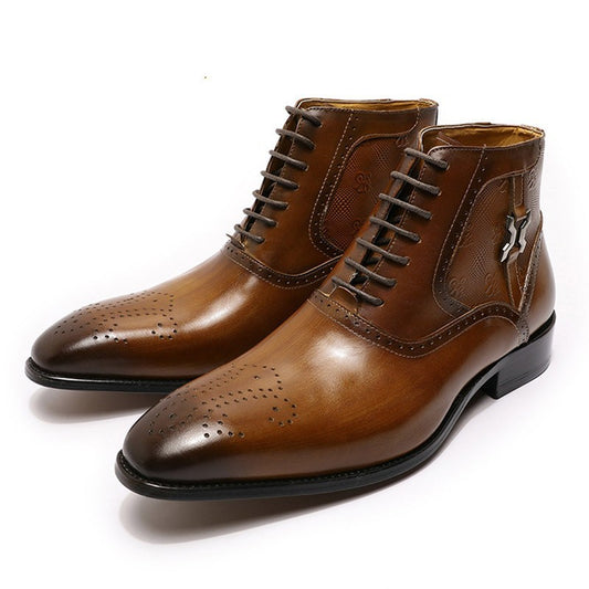 Men's Pointed Leather Boots Front Lace-up  Boots