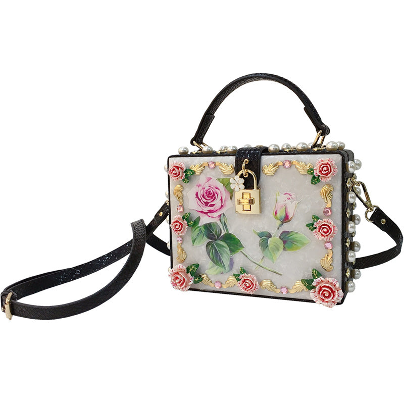 Bolso bandolera portátil estilo occidental con hebilla de bloqueo y diseño de serpiente, con flores blancas, rosas y perlas