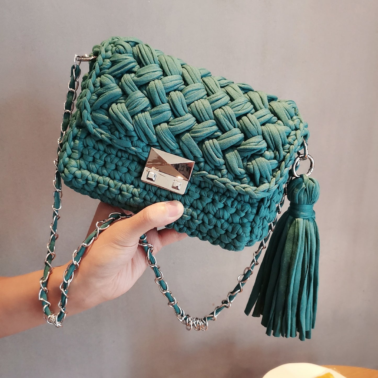 Hand-knitted One-shoulder Cross-body Bag With Wool Cloth Strips