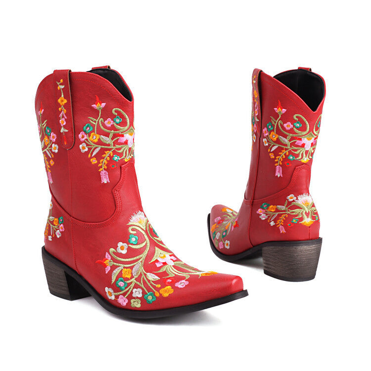 Botas de caballero estilo retro étnico con tacón grueso y cabeza cuadrada, bordadas y de colores a juego