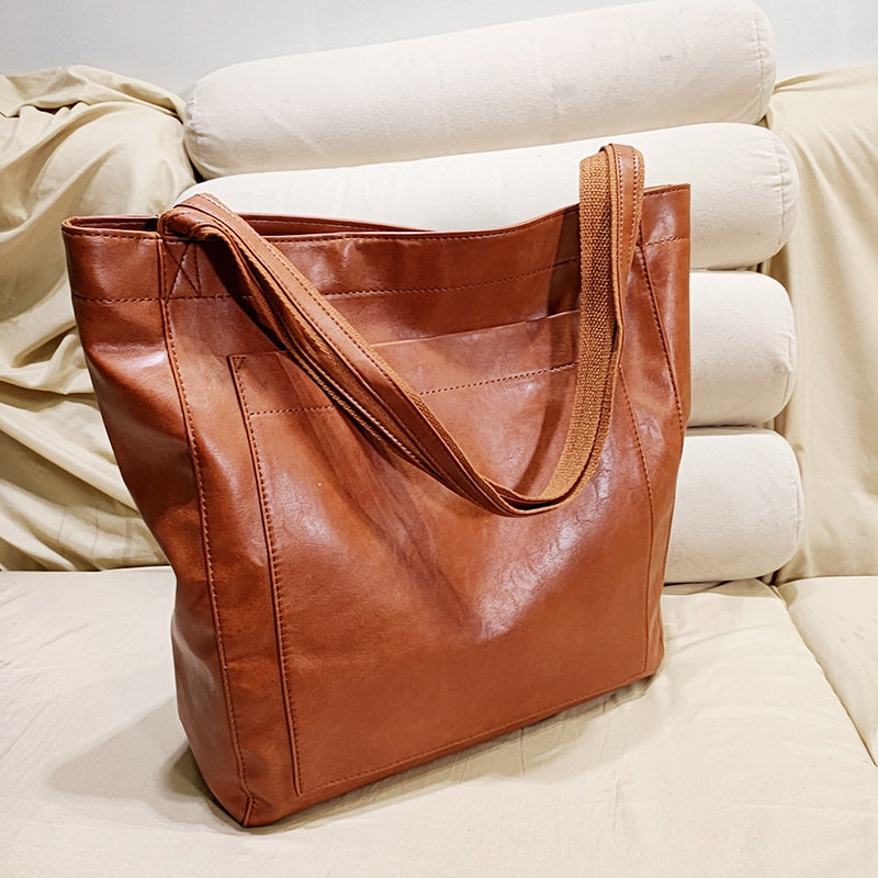 Bolso de hombro retro de gran capacidad con bolsillo grande, de piel encerada con aceite, bolsos de mano de moda para compras diarias