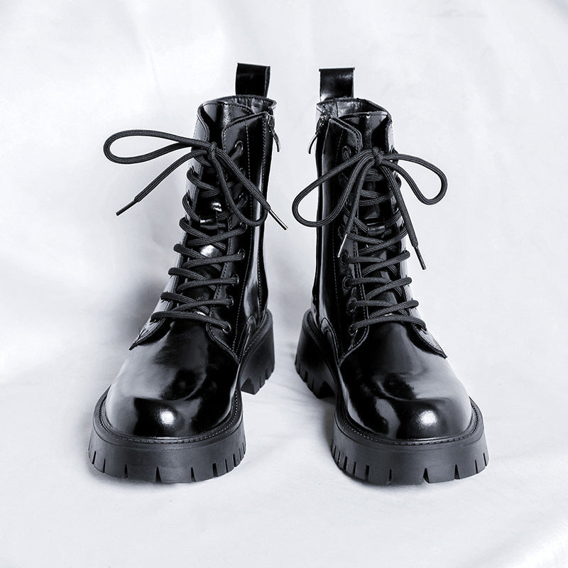 Patent Leather Martin Boots Men's Zipper Glitter Tied