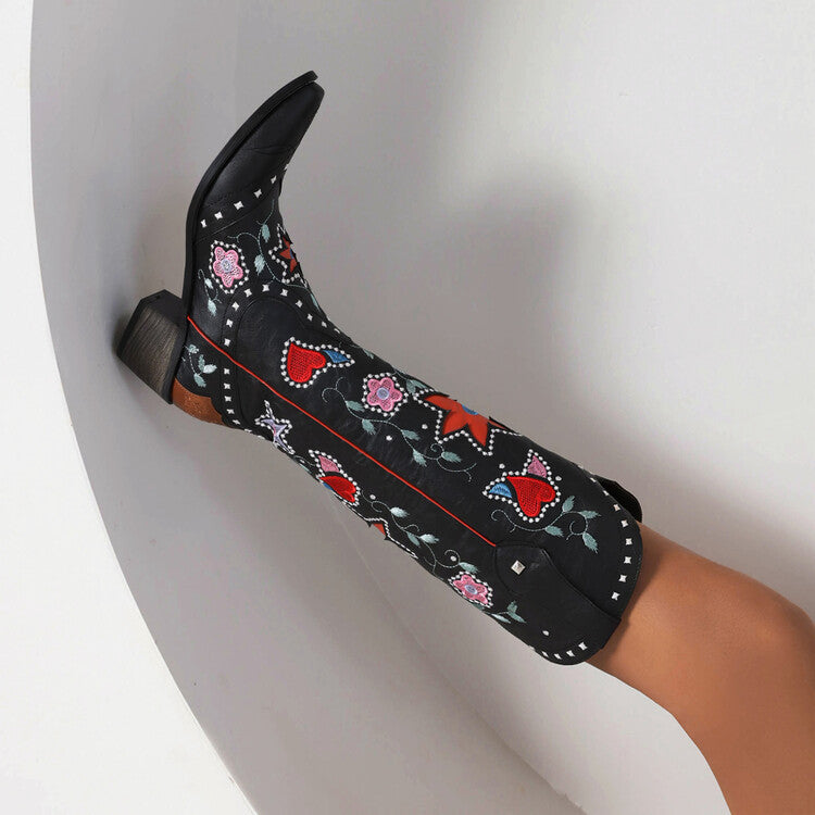 Denim Pointed Toe Chunky Heel Embroidered Rivets Boots