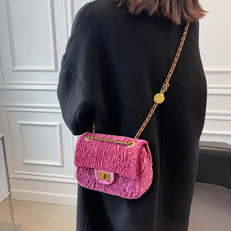 Sac messager carré en velours Camellia Mini Fat Chain à une épaule