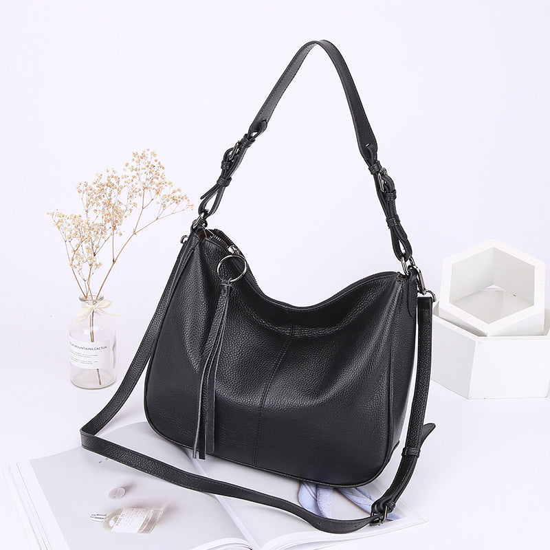 Genuine Leather Women's Top Layer Cowhide Tassel Tote Bag