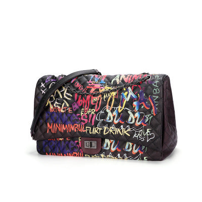 Bolso de hombro con cadena de rombos y fragancia pequeña con grafiti de colores estilo coreano