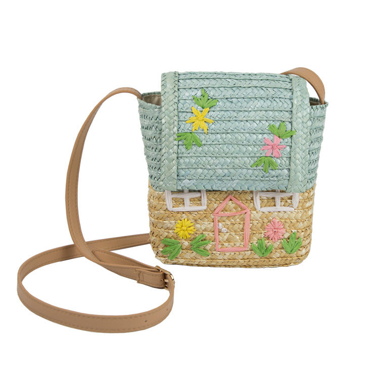 Children's Straw Bag Cute Little House Embroidery